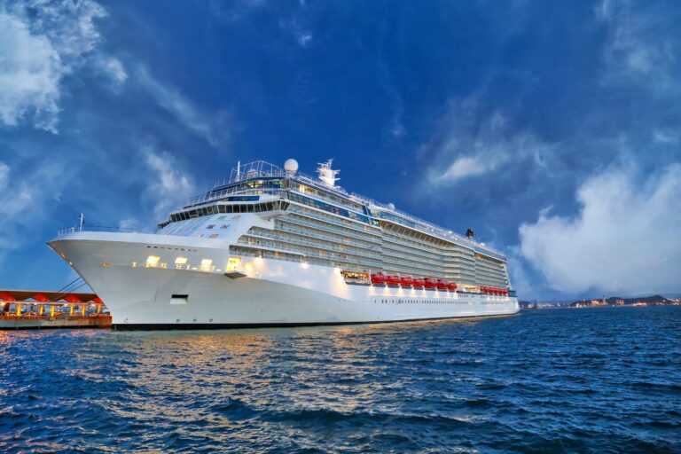 A cruise ship in port at the start of the season when businesses hire seasonal workers in the Virgin Islands
